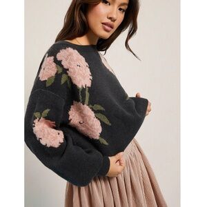 Roses Print Grey Knit Round Neck Long Sleeve Pullover Sweater